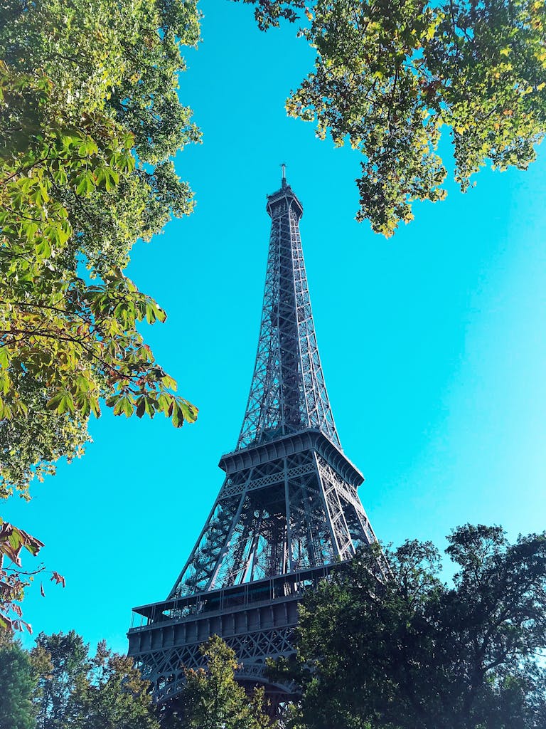 A captivating view of the Eiffel Tower framed by lush trees on a sunny day in Paris.